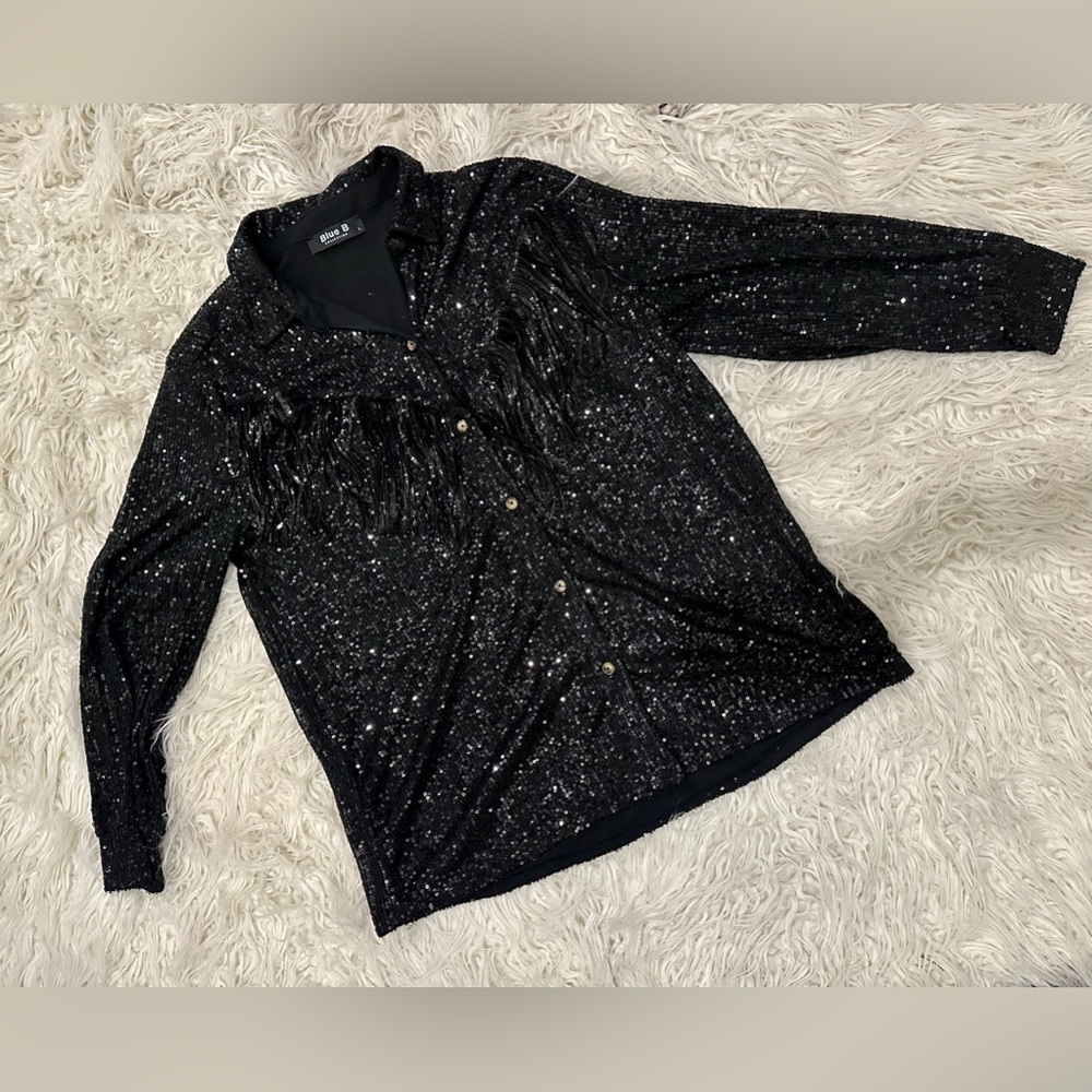 Screams Taylor Swift Vibes - Black sequin fringe button down blouse.